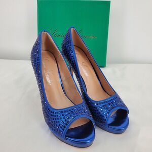 Lauren Lorraine Candie 12 Rhinestone Peep Toe Platform Heels Navy Blue Size 9.5